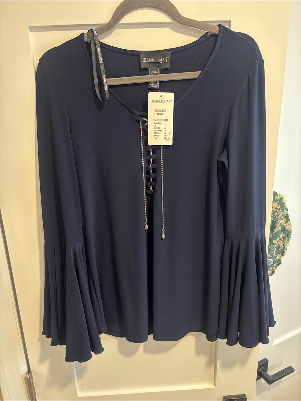 Frank Lyman Design Navy Lace-Up Bell Sleeve Top